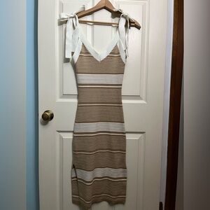 Willow & Wind Bow Straped and Striped Tan and White Midi Sweater Dress